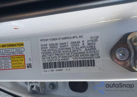 2020 Honda Accord Lx из США, поврежденный, VIN 1HGCV1F12LA048507